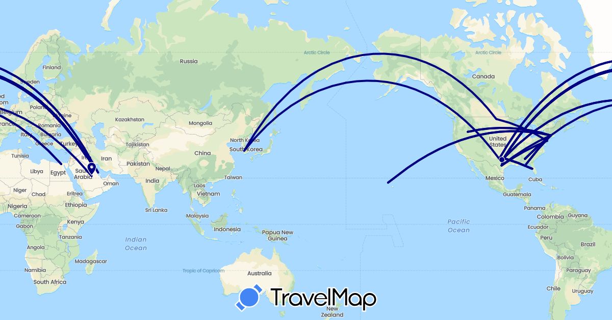 TravelMap itinerary: driving in Egypt, Iraq, South Korea, Kuwait, Saudi Arabia, United States (Africa, Asia, North America)